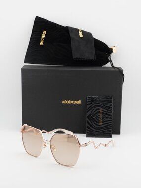Roberto Cavalli SRC035M 8FCG Geometric Sunglasses - Gold / Brown